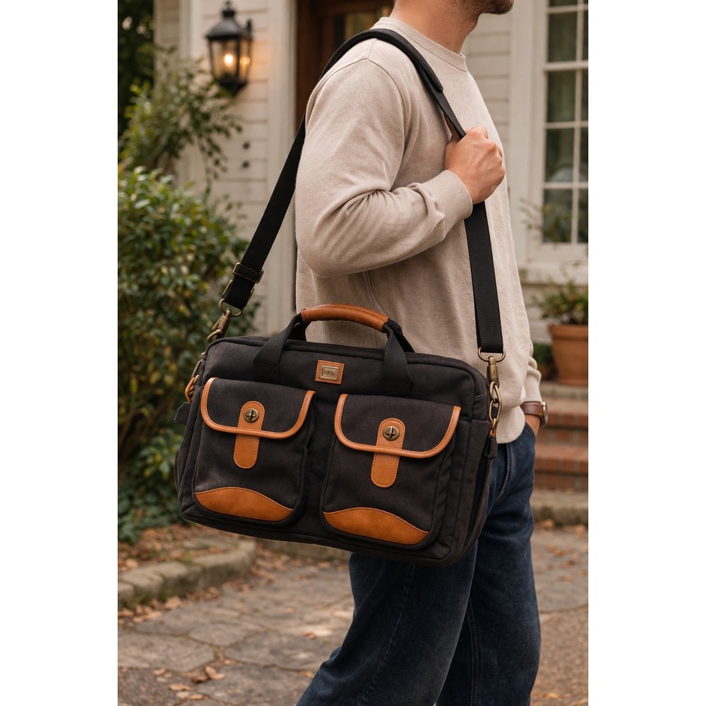 Totes Y2K Black Canvas Briefcase Expandable Messenger Travel Laptop Bag Utility